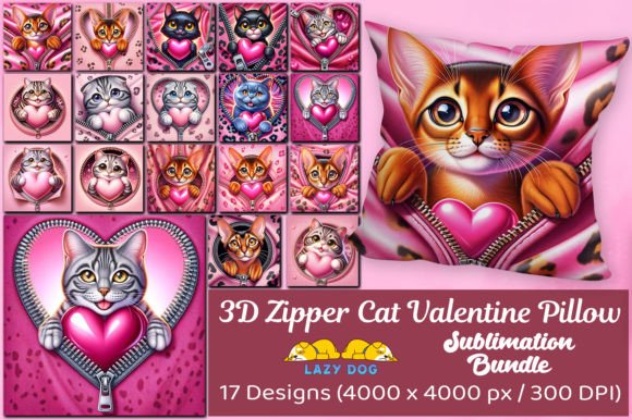 3D Zipper Cat Valentine Pillow Bundle: Creative Design Assets
