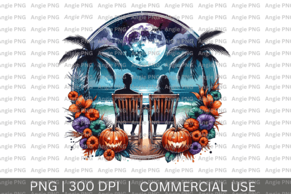 Halloween Watercolor Couple Beach PNG: Spooky Coastal Charm