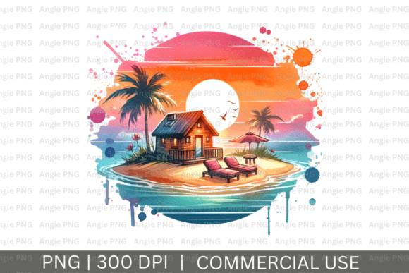 Watercolor Island Sunset PNG Clipart: Infuse Your Designs with Paradise
