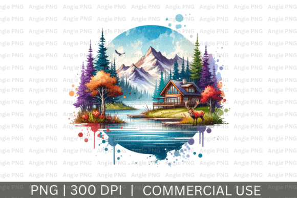 Watercolor Lake Cabin Mountains PNG: A Digital Asset for Rustic Designs